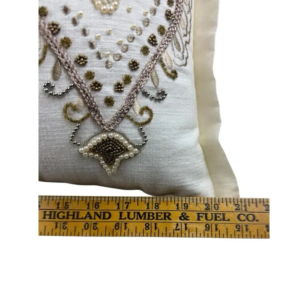 Pier 1 Throw Pillow Rectangular Linen Silk Beaded Pearl Ivory Gold Boho Chic